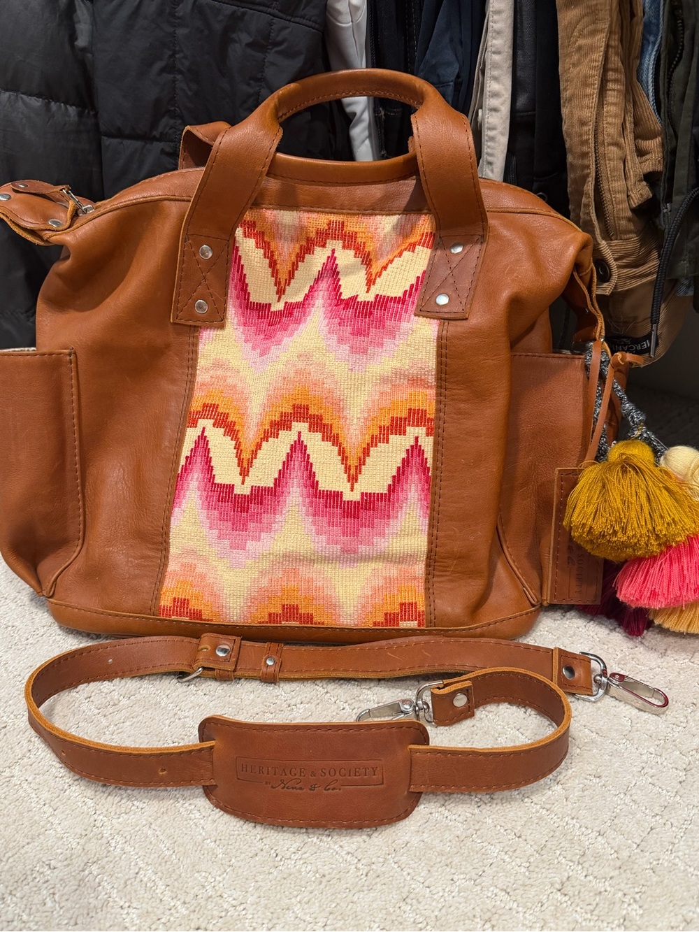 Nena & Co. Tan Leather Shoulder Bag with Pink and Cream Patterned Panel